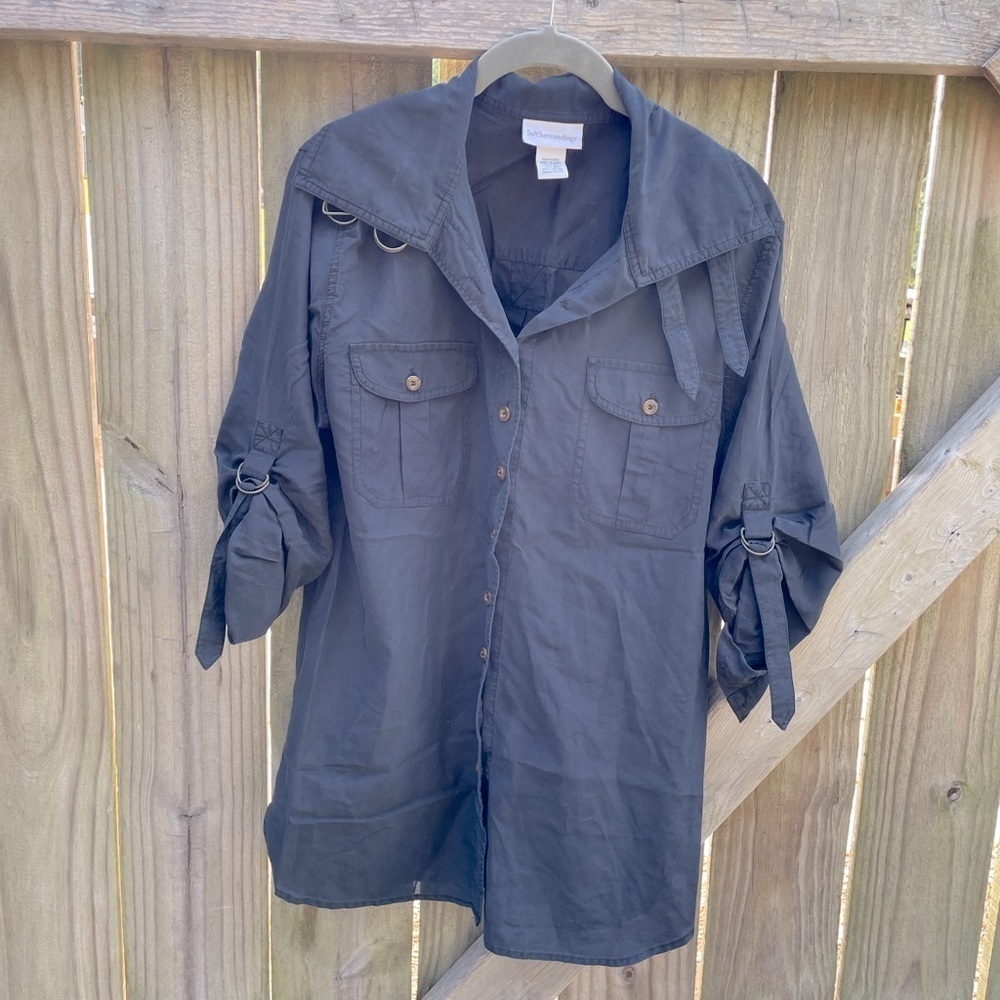 Soft Surroundings Silk Blend Moto Buckle Detail Button Down Blouse